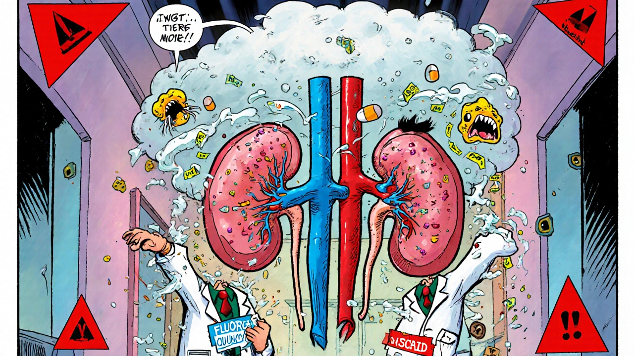 Cartoon kidneys filtering toxic pill fragments while nerve cells collapse into brain fog clouds.