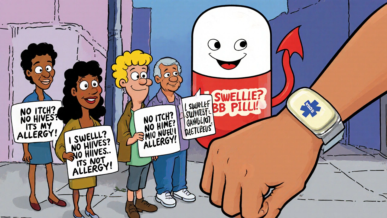 Diverse patients holding signs about medication-induced swelling, giant pill with devil tail looming behind them.