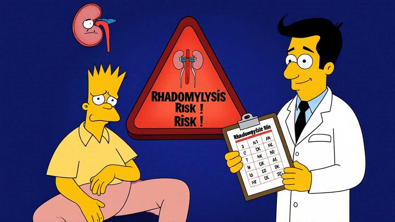 Doctor checking blood test chart, patient rubbing thigh, warning sign glowing red.