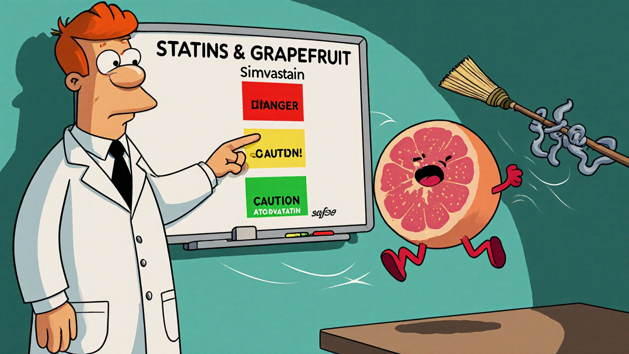 Doctor explains statin risks on whiteboard with grapefruit running from danger to safe column.