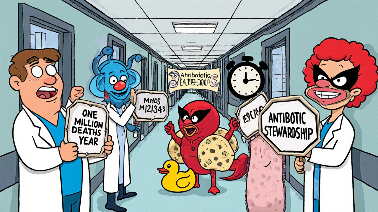 Doctors try to stop sneaky superbugs in a hospital hallway with a countdown to 2035 and death statistics in the background