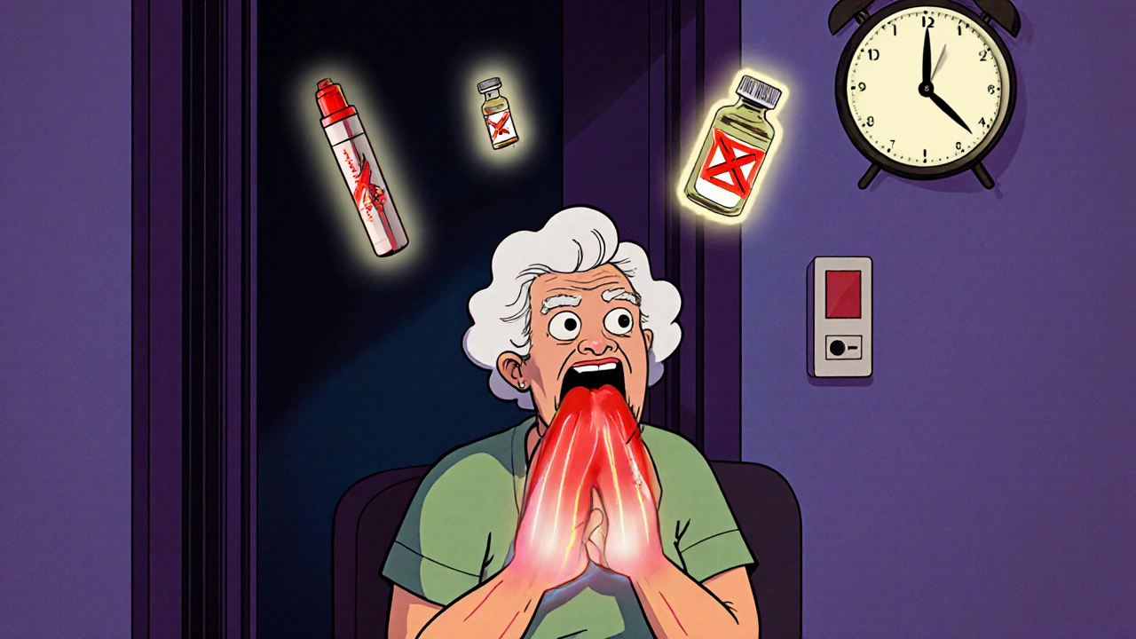 Elderly woman in ER with constricting airway, medical symbols floating around her showing ineffective and effective treatments.