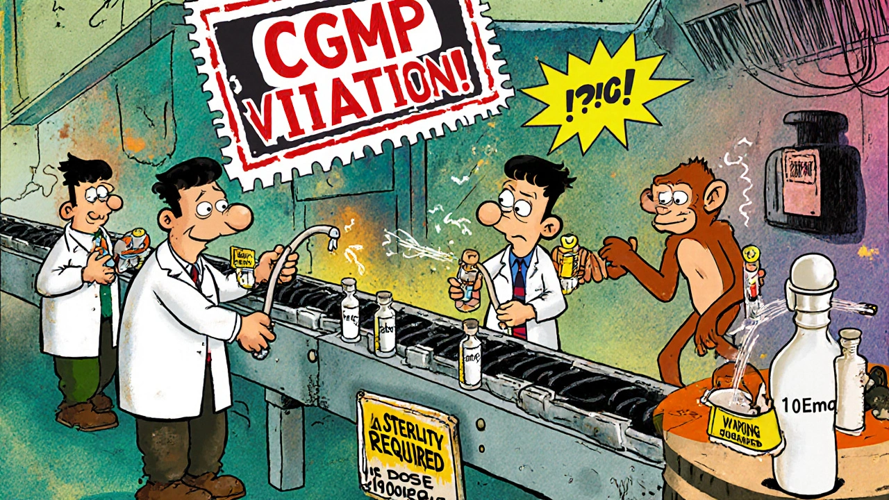 Factory workers ignoring safety rules on a conveyor belt, with a monkey swapping drug labels.