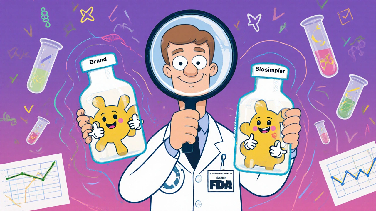 FDA inspector smiling beside two biologic vials with happy protein molecules