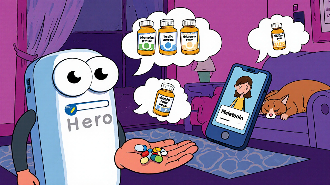 Friendly smart pill dispenser sending alerts to a daughter&#039;s phone with floating meds.