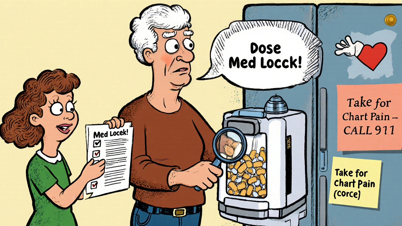 Grandchild helping elderly woman load pills into a smart dispenser with a fridge reminder.