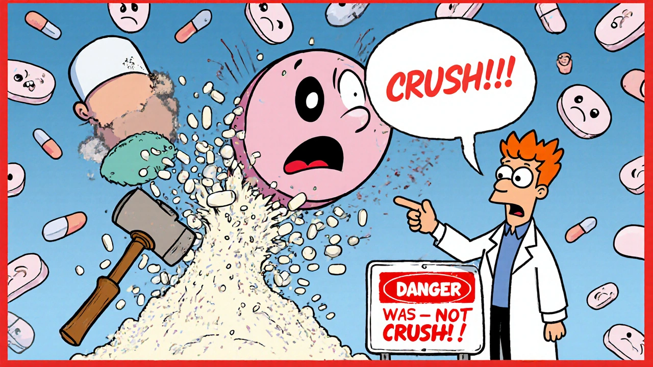 Patient crushing an extended-release pill as it explodes into a warning sign and angry floating pills.