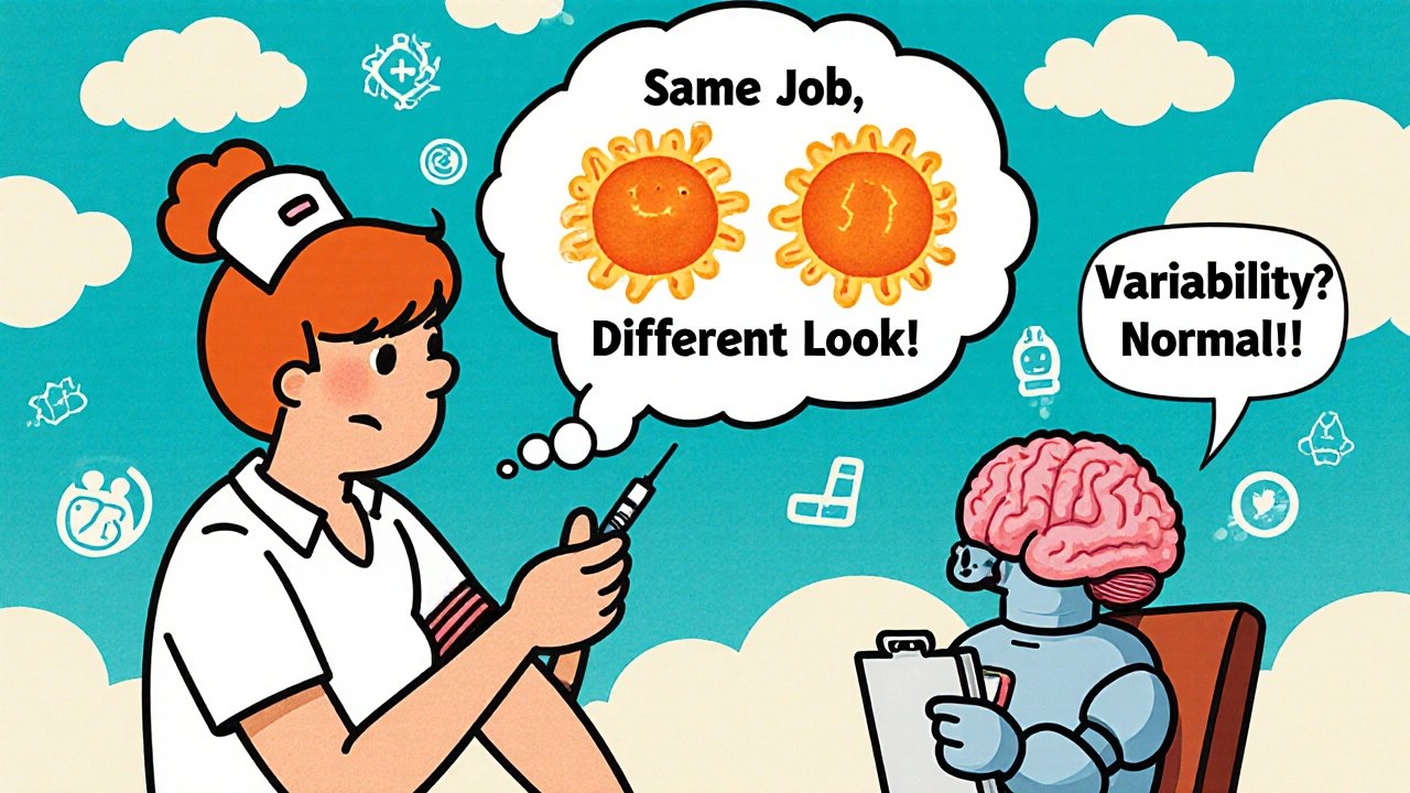 Patient getting injection with thought bubble showing different but friendly protein shapes