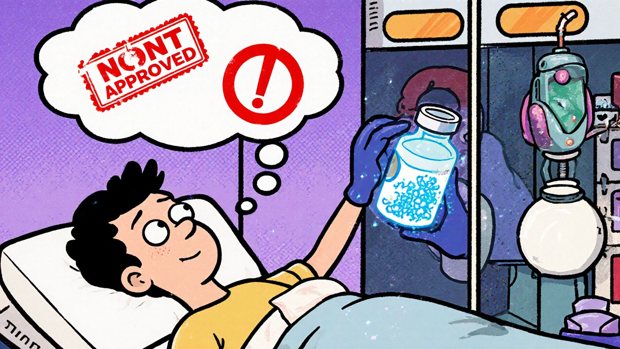 Patient receiving AI-generated cancer drug with &#039;NOT APPROVED&#039; thought bubble