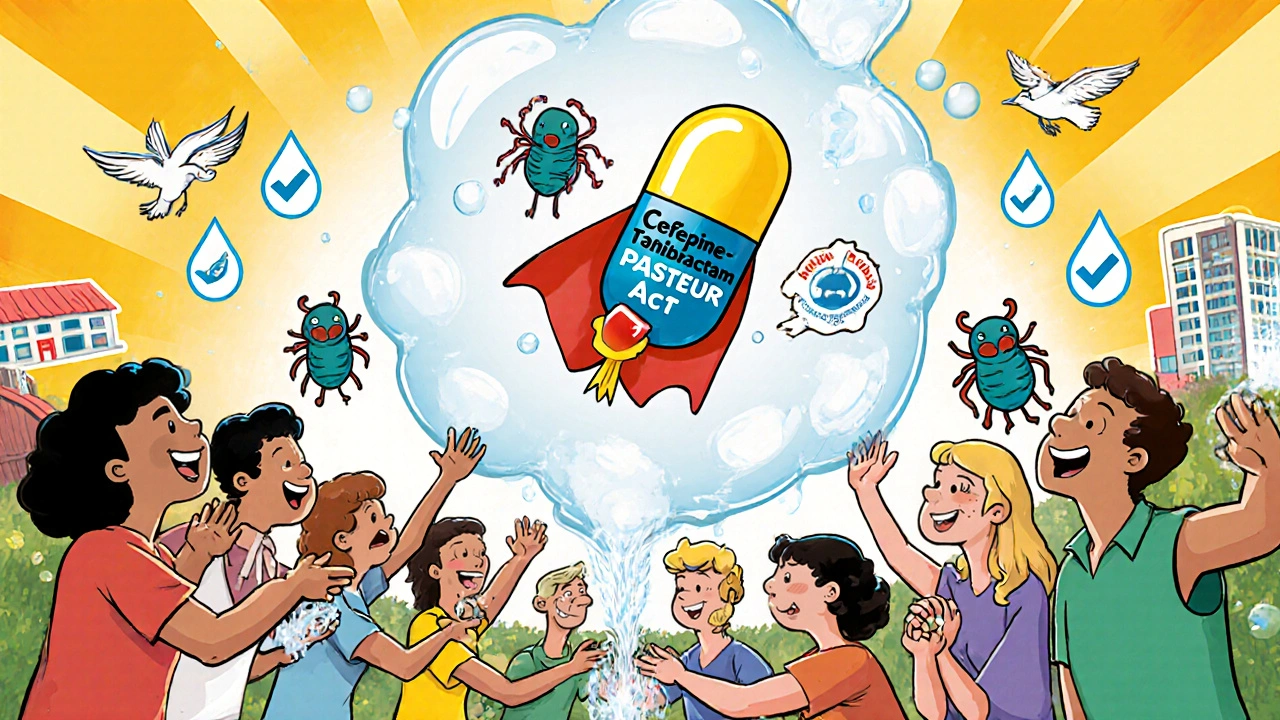People washing hands as a superhero antibiotic defeats superbugs, with symbols of health and policy floating in the sky