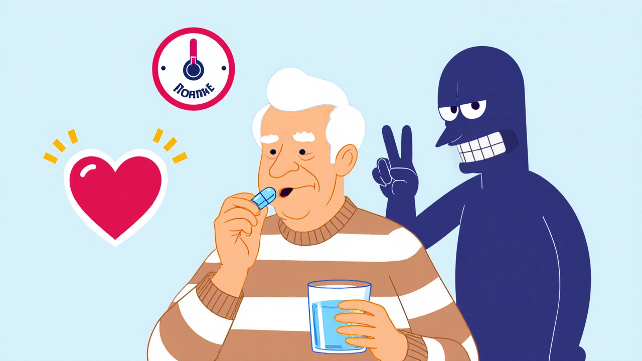 Senior taking 5 mg pill, friendly heart beside them, 40 mg pill looming with sneer.