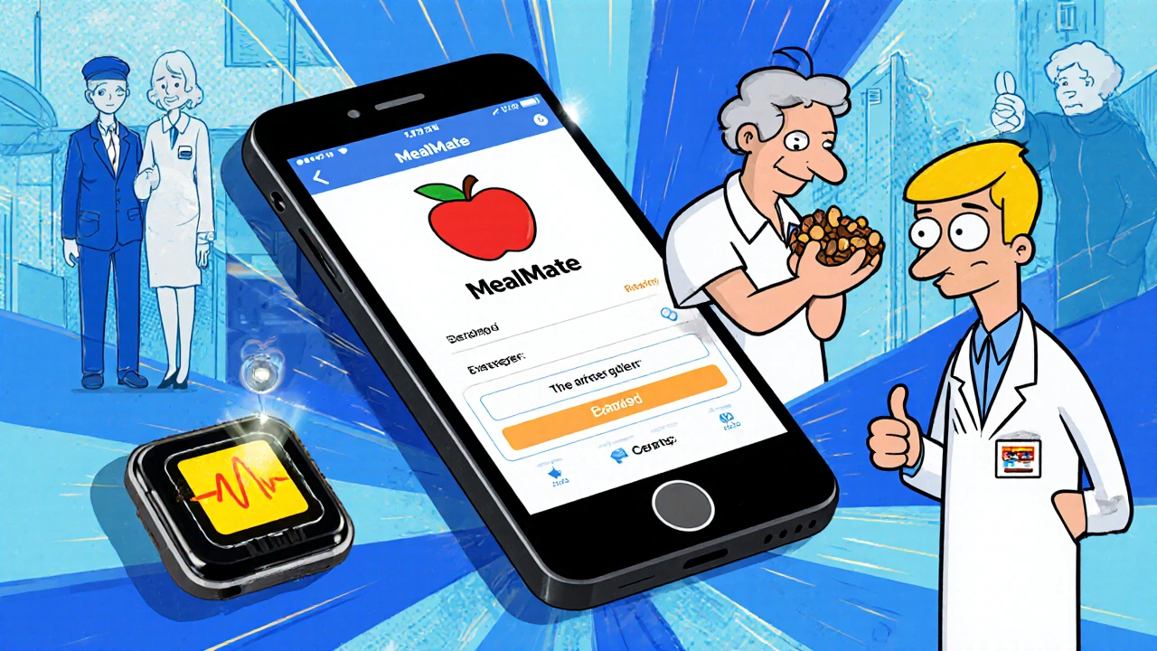 Smartphone app reminds a person to eat with a bouncing apple, while a CGM glows safely on their arm.