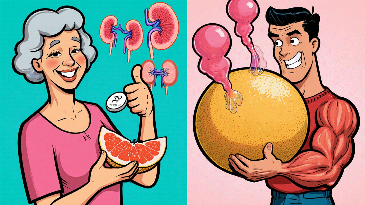 Split cartoon scene: woman safely eating grapefruit with safe statin vs. man with muscle problems from risky statin.