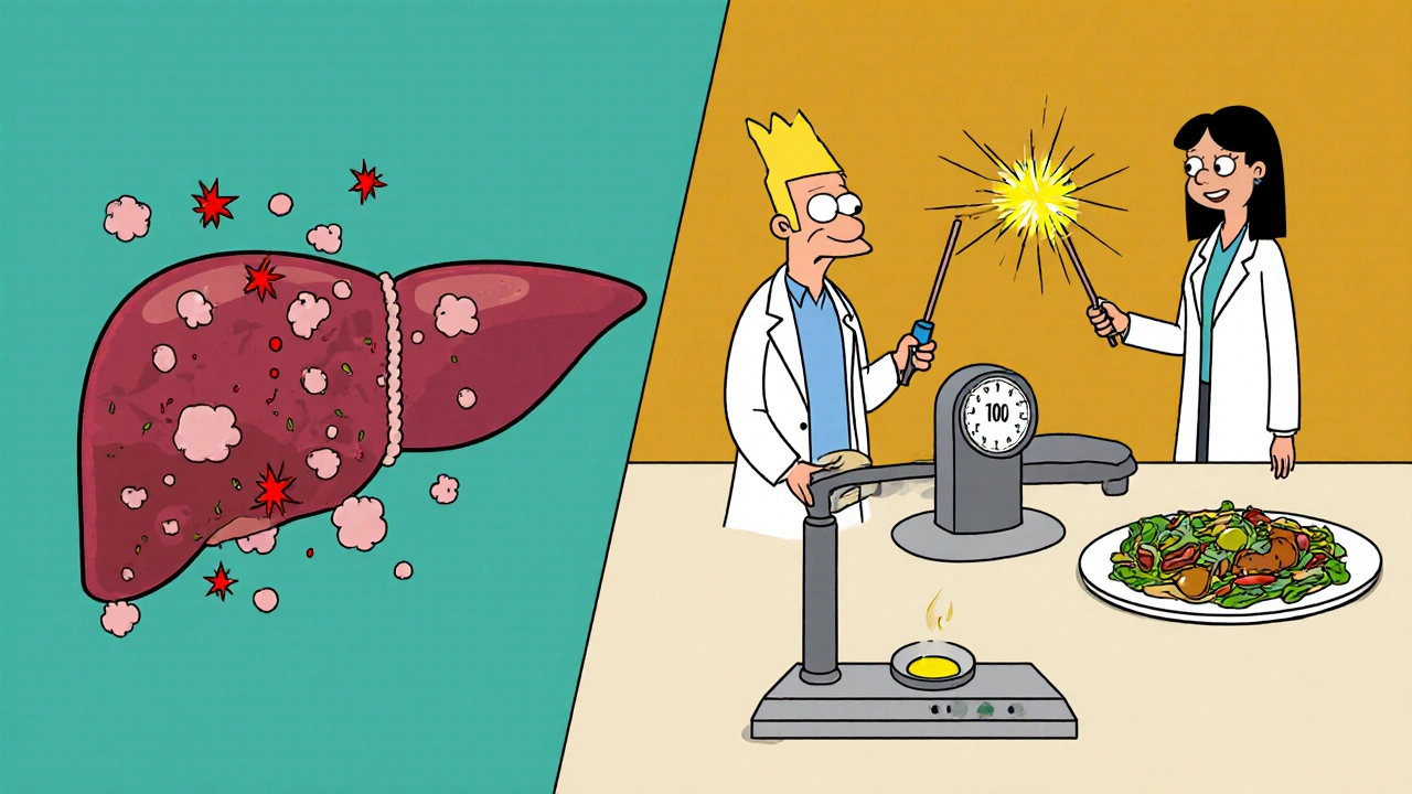 Split image of a fatty liver turning healthy, with a doctor using a FibroScan and a dietitian offering a Mediterranean meal.