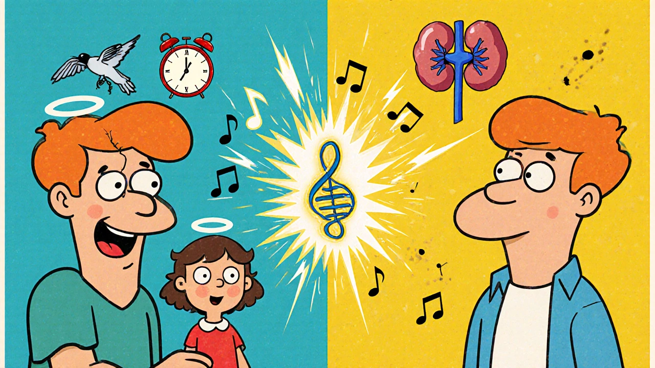 Split scene: one side shows a patient hearing clearly, the other shows hearing loss with fading musical notes and a genetic risk symbol.