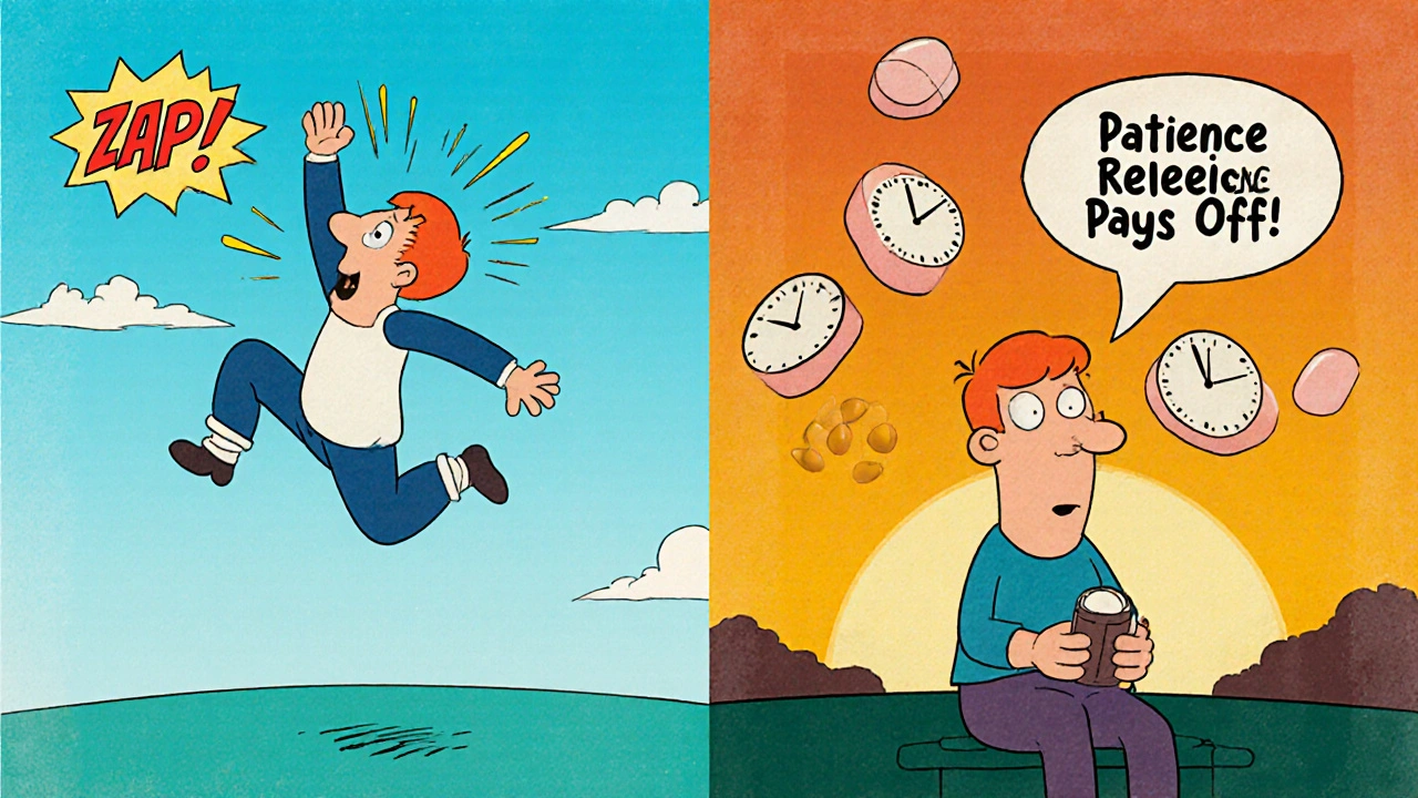 Split-screen cartoon: one side shows energy spike from immediate-release pill, other shows calm with extended-release.