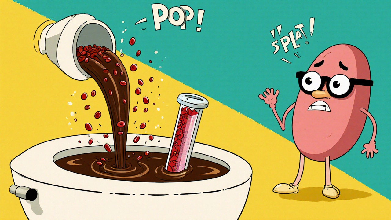 Urine stream turning dark as red blood cells explode in a test tube with comic effects.