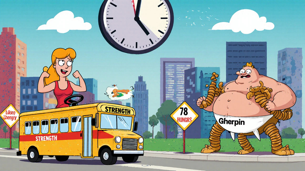 Whimsical metabolic city where woman drives muscle bus while hunger monsters chase her.