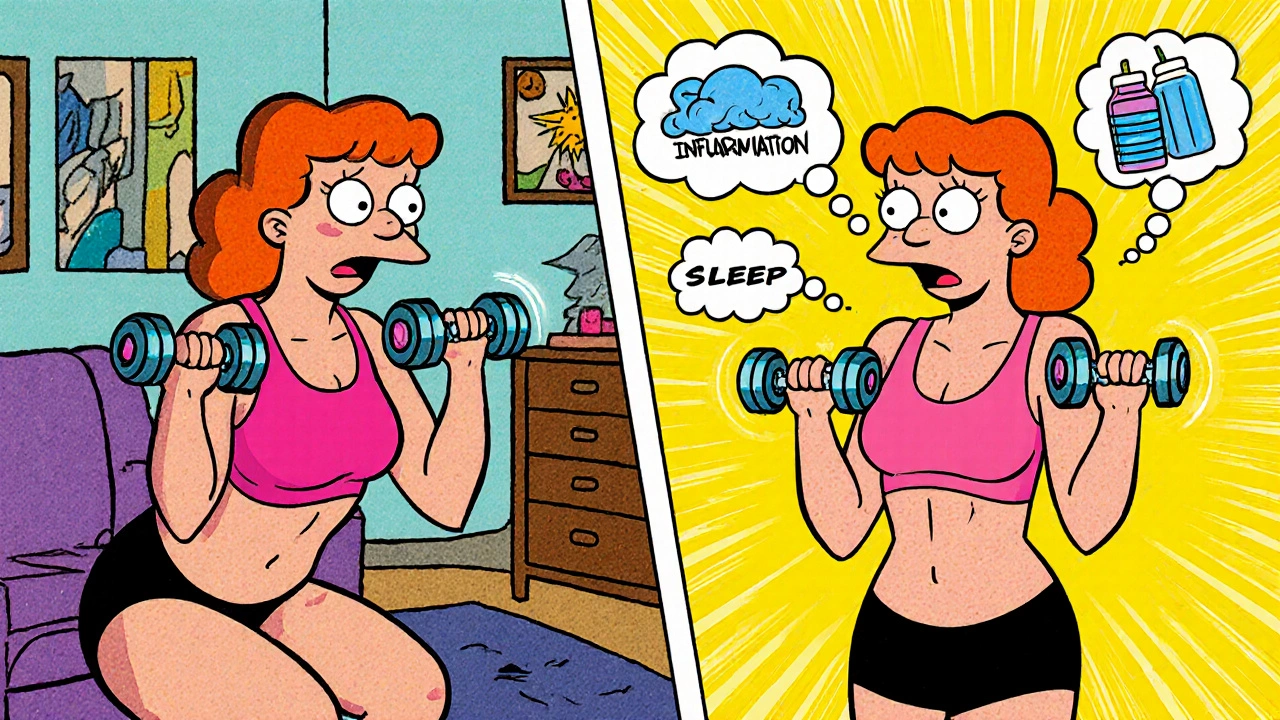 Woman lifting weights at home as her body transforms, muscle grows and belly fat shrinks.