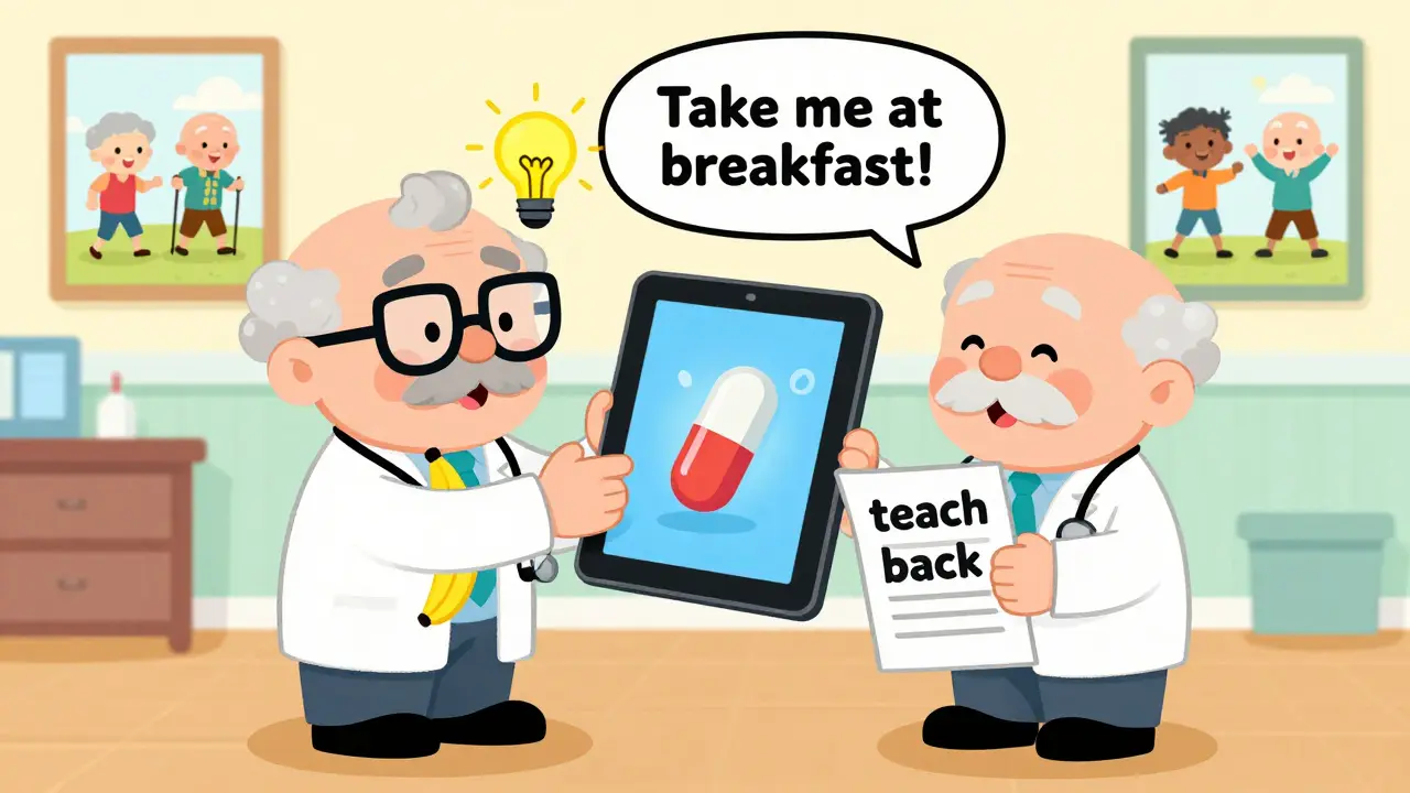 A doctor uses a playful animated tablet to teach seniors how to take their medication with clear visual cues and speech bubbles.