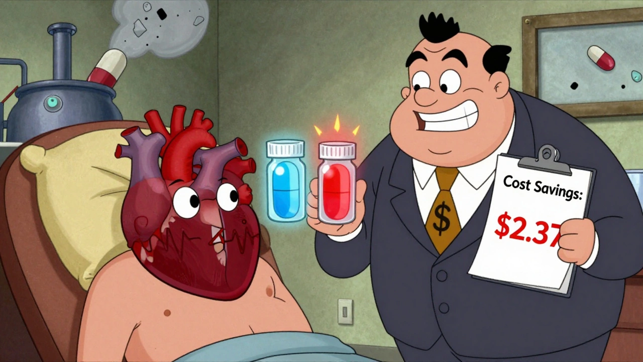 A heart transplant patient stares at two pills from the same bottle—one safe, one dangerous—with a profit-driven executive watching.