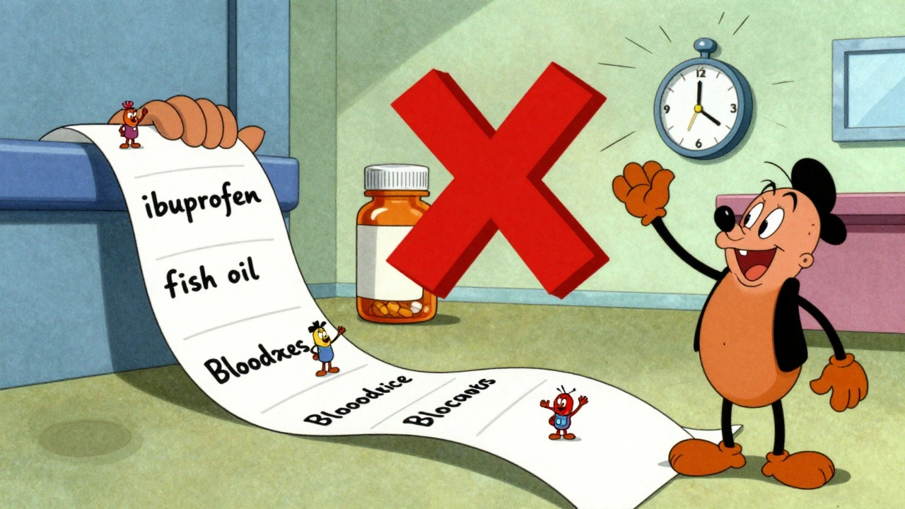 A patient carrying a long list of medications with animated characters, avoiding dangerous pill sharing and missed doses in retro cartoon style.
