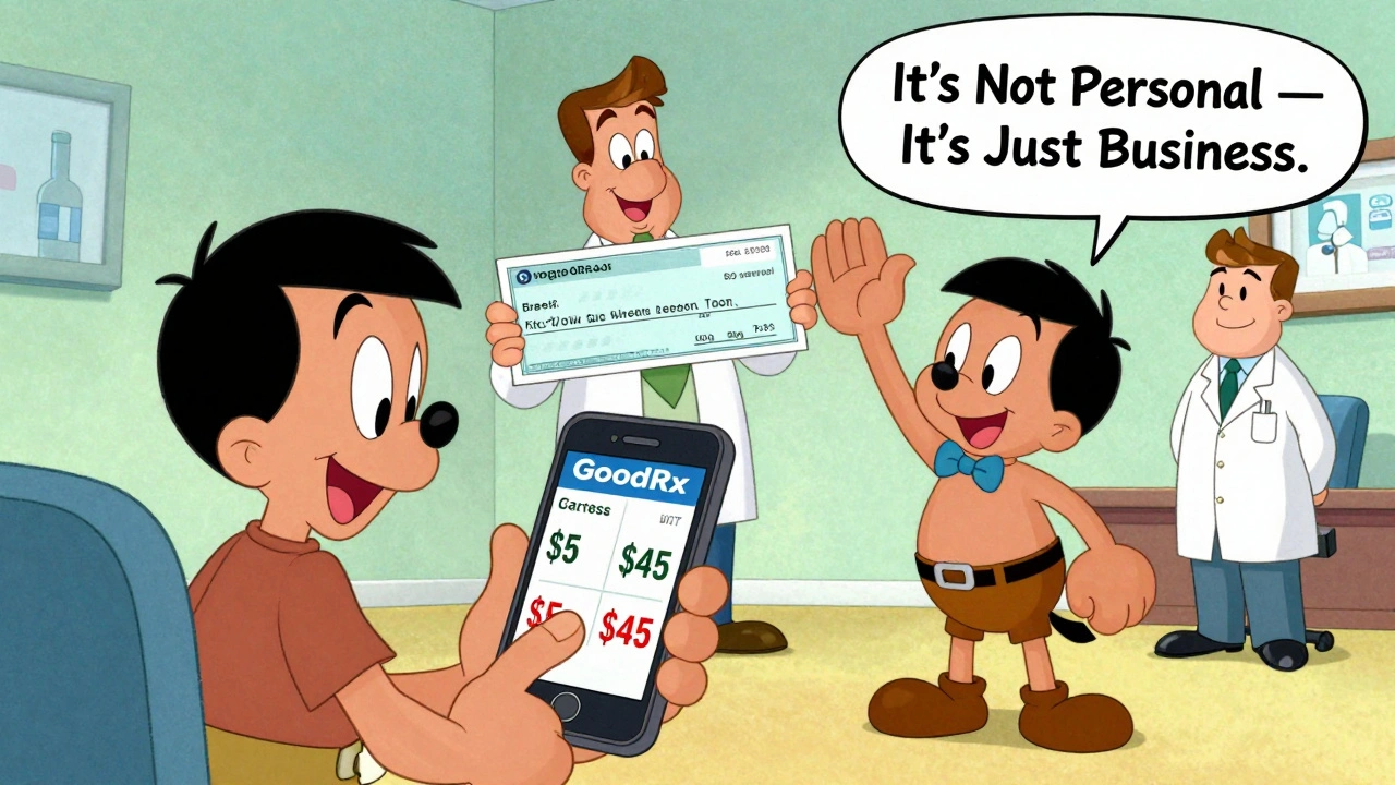 A patient checking drug prices on a phone while a doctor and pharmacist celebrate a rebate check.