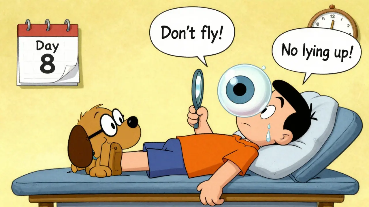 A patient lies face-down with a gas bubble in their eye, watching themselves in a mirror held by a dog.