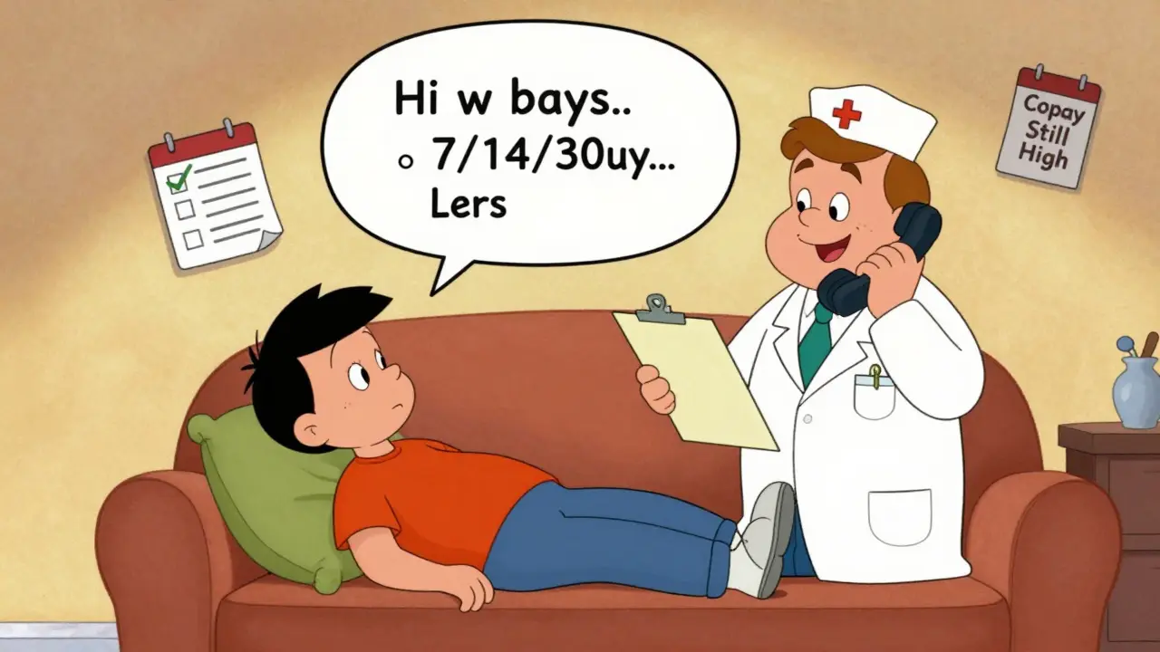 A patient receives a supportive call from a cartoon pharmacist, with icons showing follow-up visits and lab tracking above them.