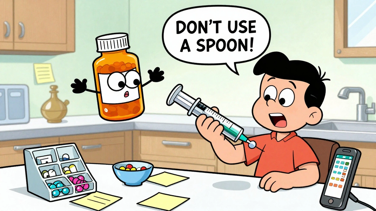 A patient using a giant syringe to measure medicine while a talking pill bottle warns against using kitchen spoons in cartoon style.