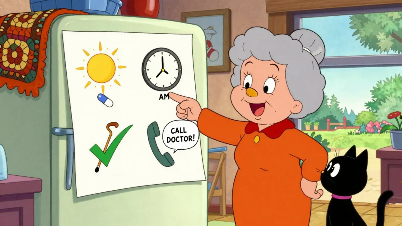 A senior woman points to a colorful illustrated chart on her fridge showing simple icons for taking medicine and calling the doctor.