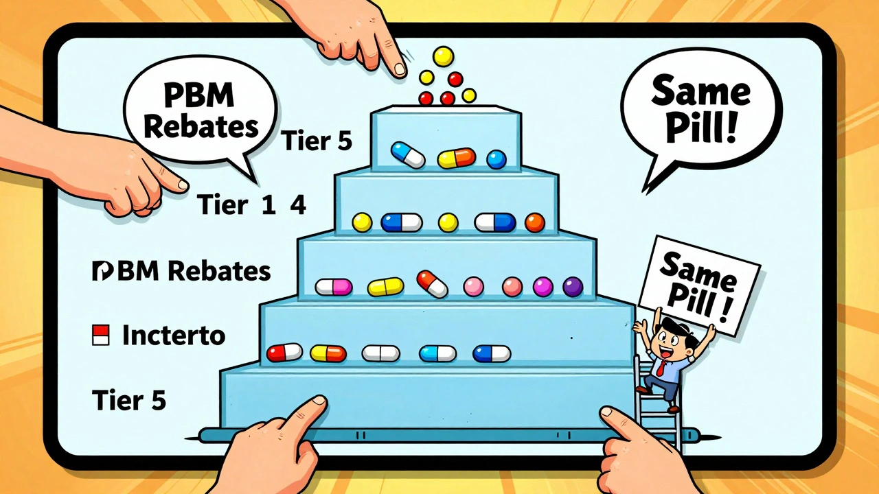 A video game-style formulary tier chart pushing generic pills into higher, more expensive levels.