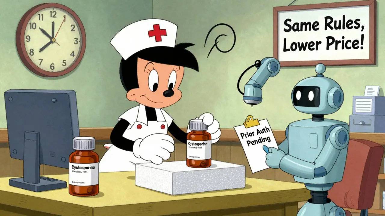 A whimsical pharmacy warehouse where pill bottles with nurse hats pack a generic drug in insulated packaging under a 'Prior Auth Pending' sign.