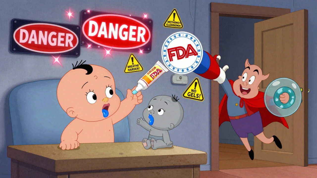 Baby reaching for dangerous teething gel as a warning sign and FDA hero intervene