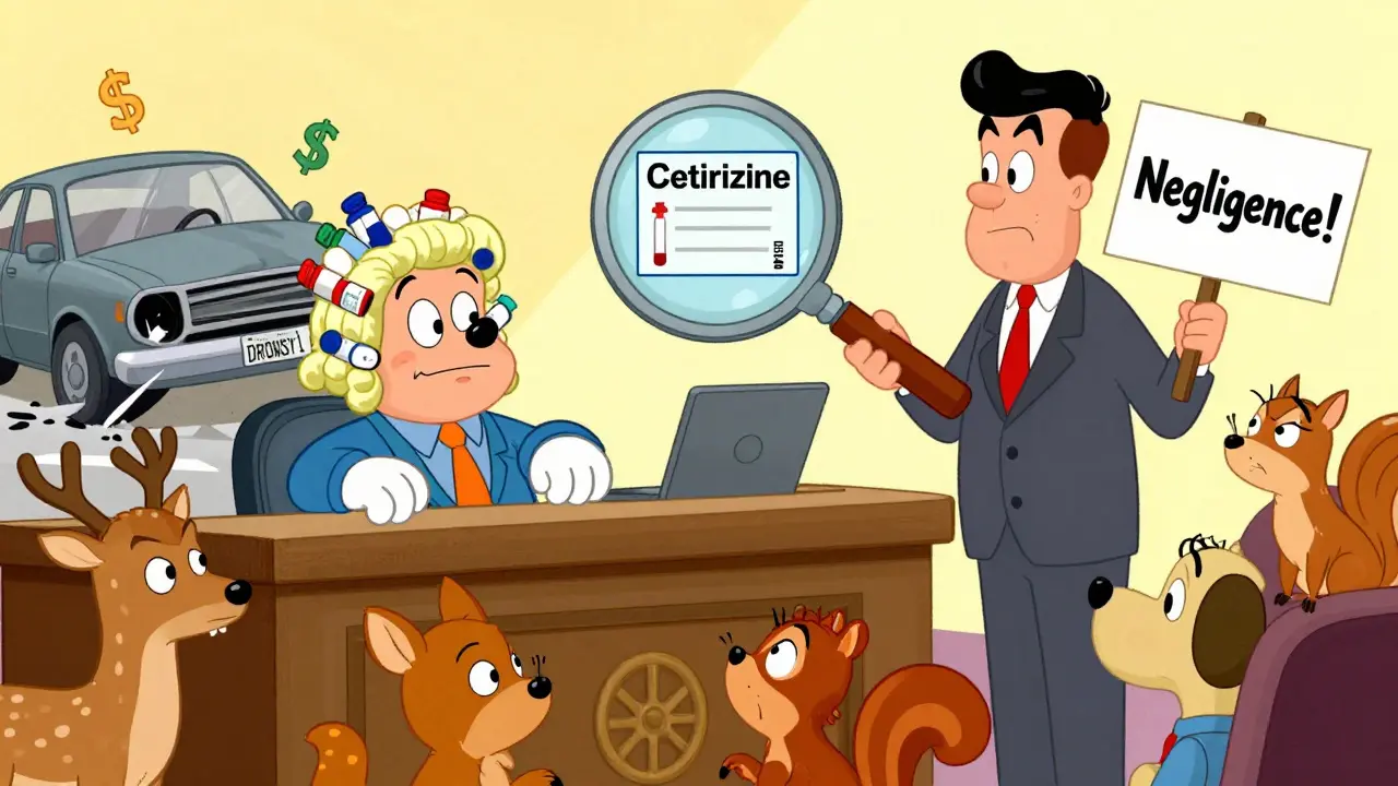 Cartoon courtroom scene with driver facing consequences for driving on antihistamines in Hanna-Barbera style.