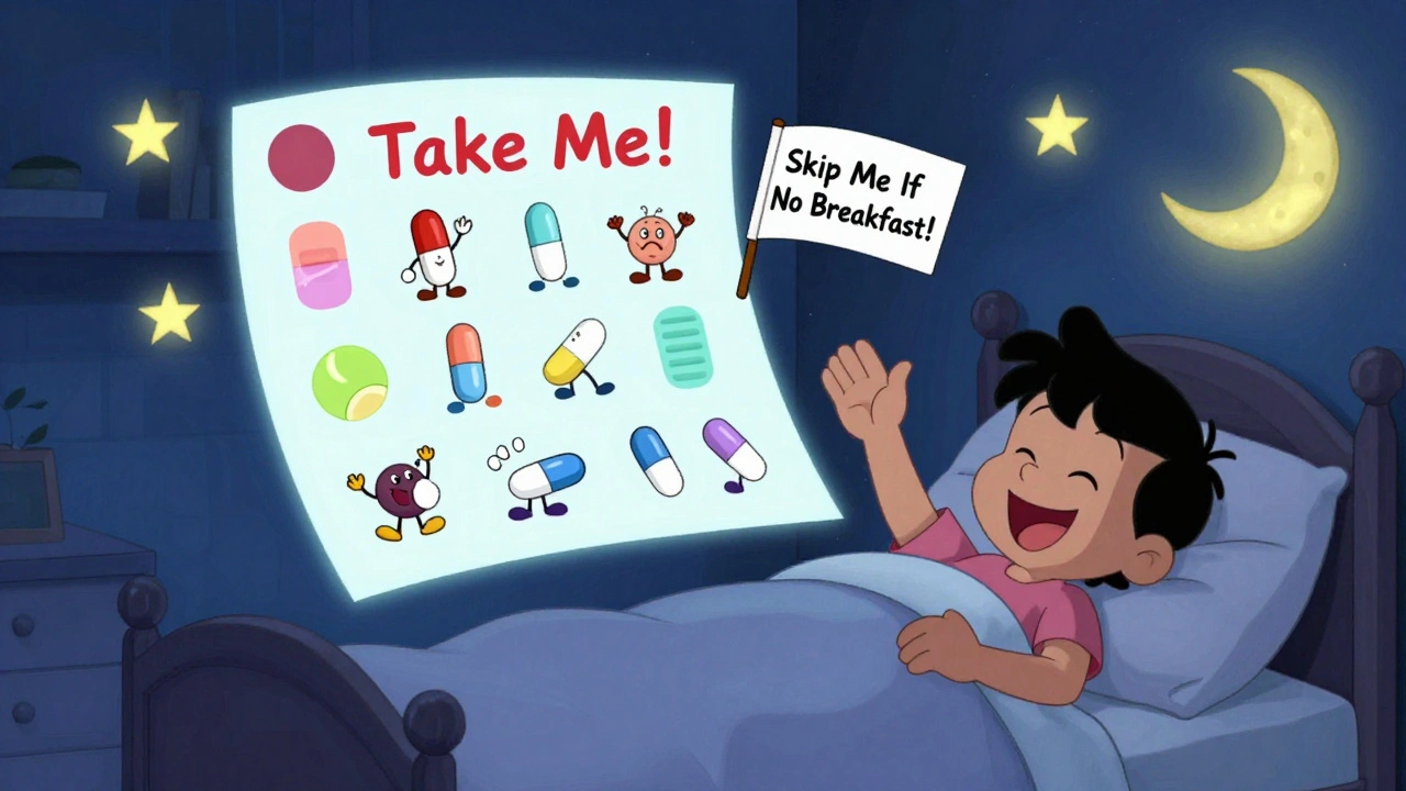 Cartoon pills with faces dancing around a nighttime medication action plan above a bed.