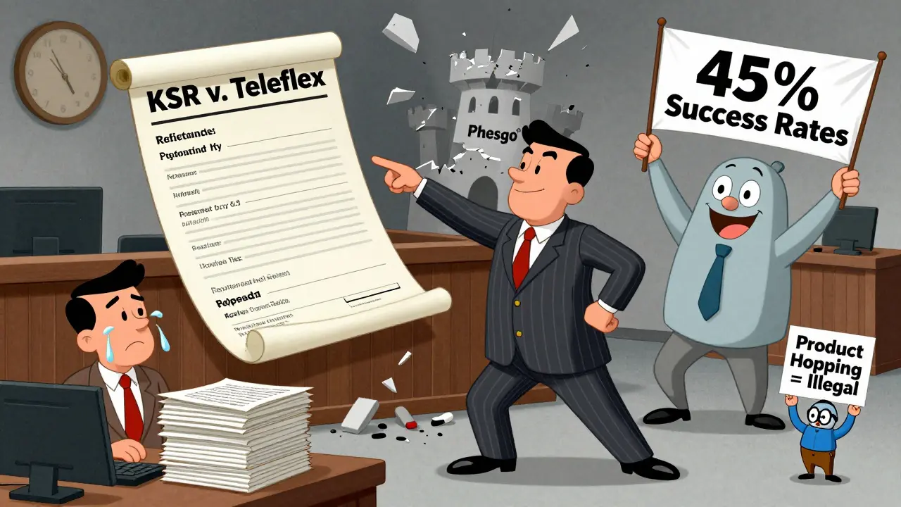 Courtroom scene with collapsing patent castle and generic drug victory