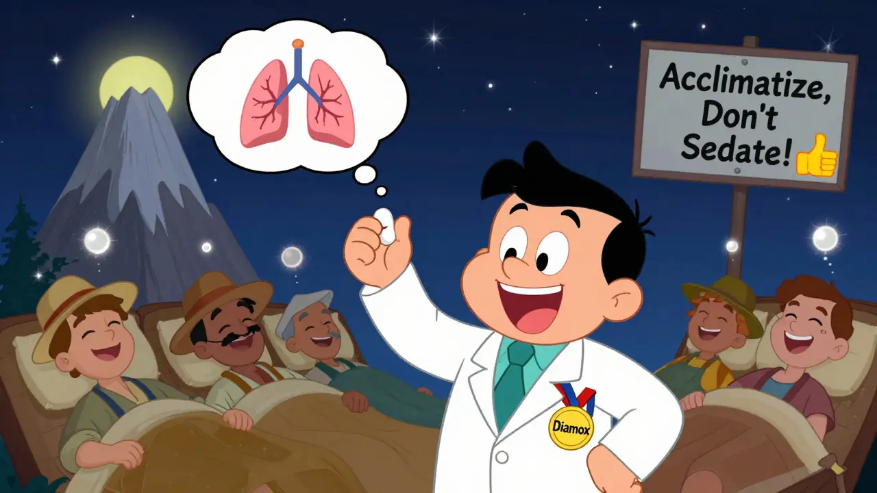 Doctor holding Diamox pill as travelers sleep peacefully with oxygen swirling around them.