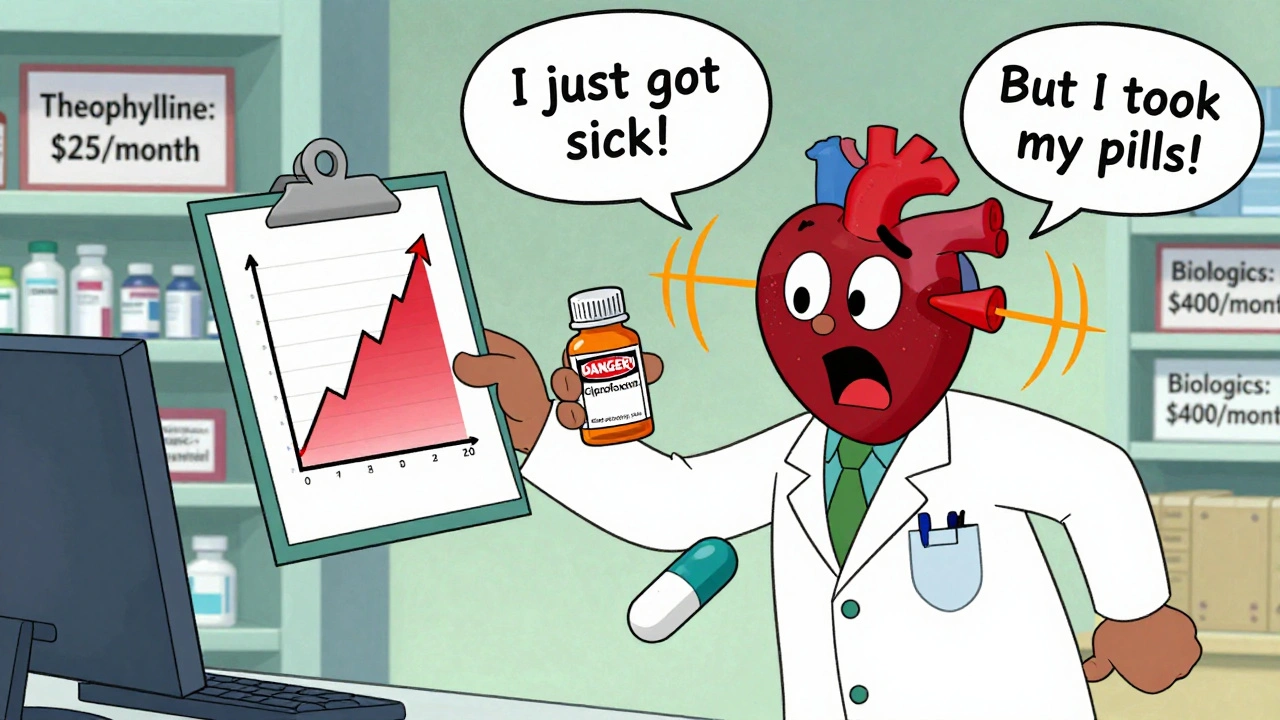 Doctor panics as patient&#039;s heart spins wildly from drug interaction with ciprofloxacin and theophylline.