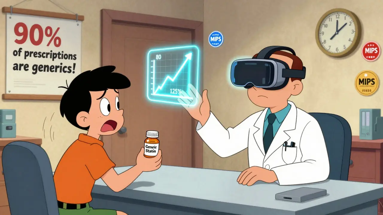 Doctor using VR headset to practice explaining generics to a patient, bioequivalence graph floating nearby.
