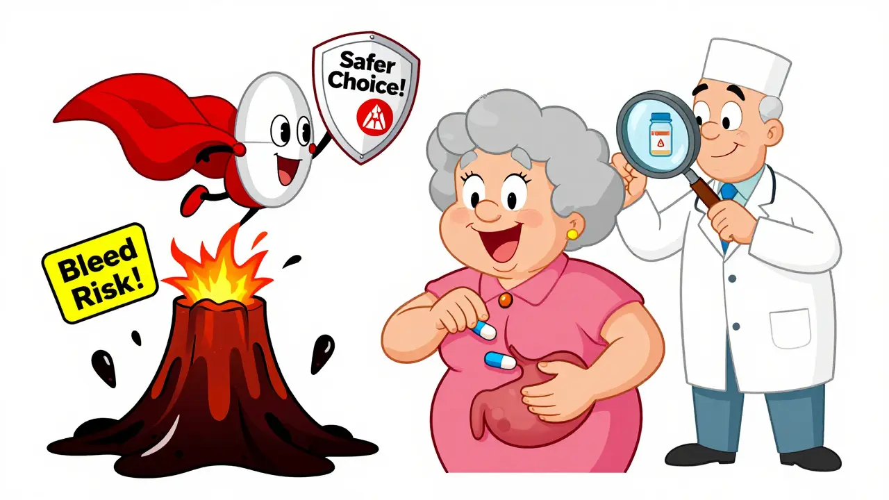 Elderly woman taking painkillers as her stomach erupts in black lava, blocked by a superhero acetaminophen tablet.