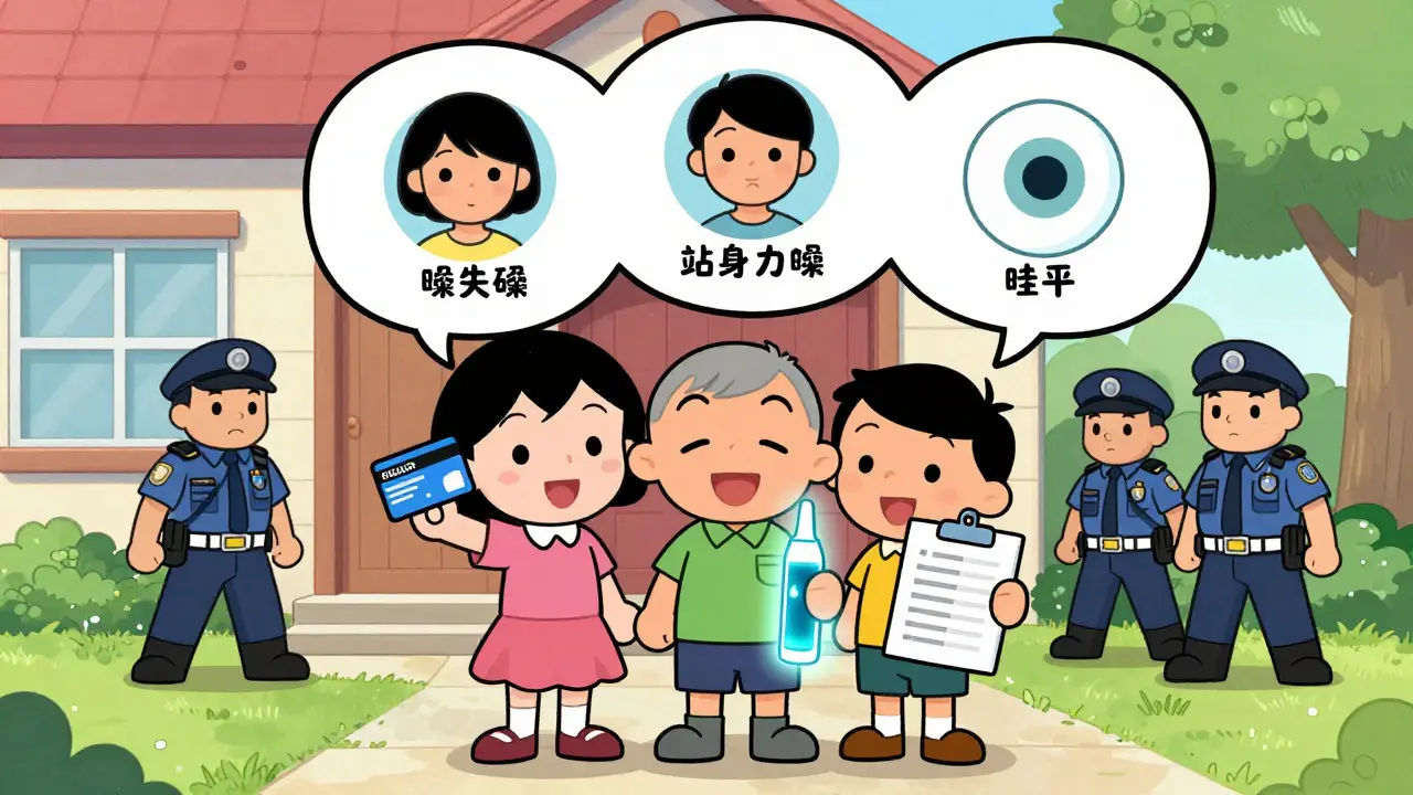 Family holding emergency card as paramedics arrive, with overdose signs shown in a thought bubble.