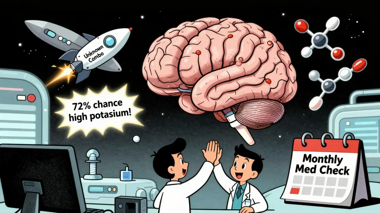 Futuristic AI brain predicting drug interactions with molecular rockets and doctor-patient high-five in retro cartoon style.