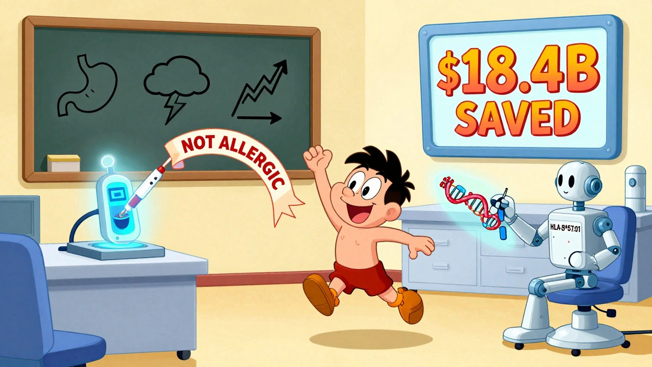 Futuristic clinic with glowing test machine and DNA scanner, showing &#039;NOT ALLERGIC&#039; ribbon and savings tag in retro cartoon style.