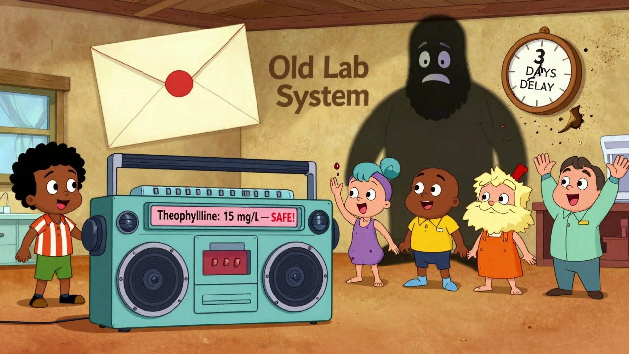 Handheld device measures safe theophylline level in rural clinic while old lab system crumbles.
