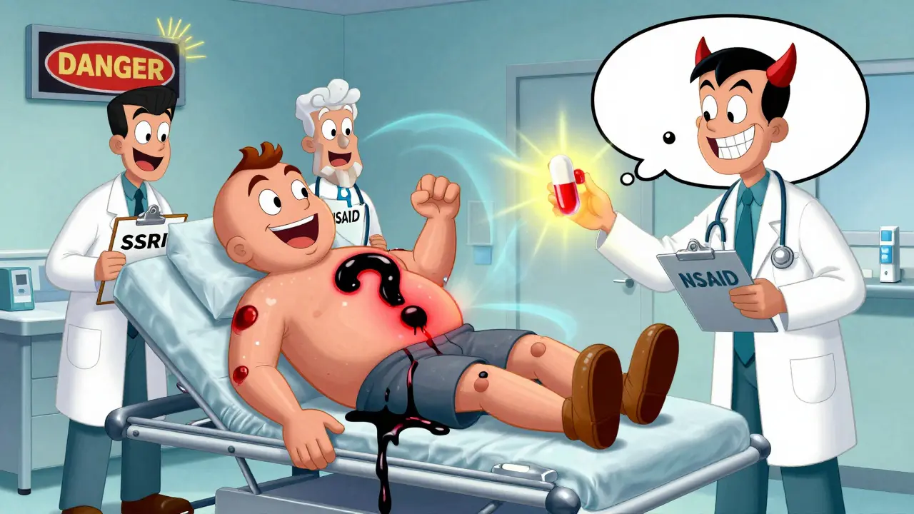 Hospital scene with patient bleeding cartoonishly as doctors argue over pills, protected by a glowing PPI shield.