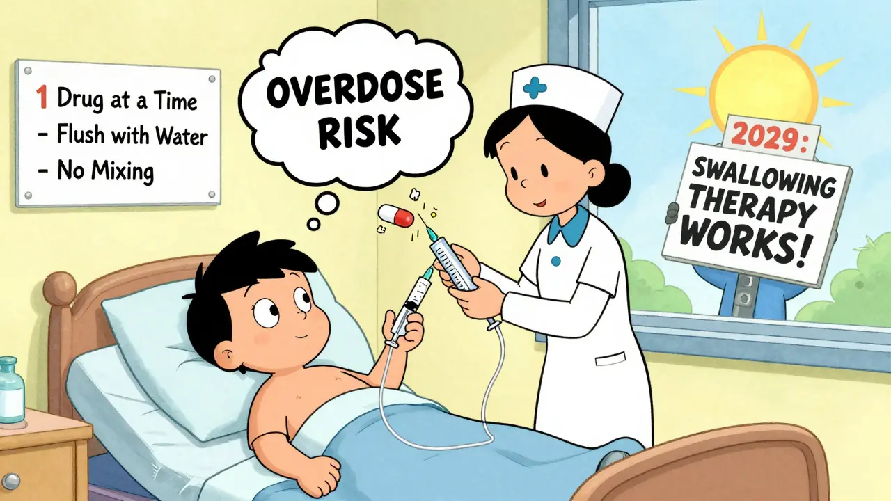 Nurse giving medicine through a feeding tube with water flush line, while a speech therapist holds up a hopeful sign.