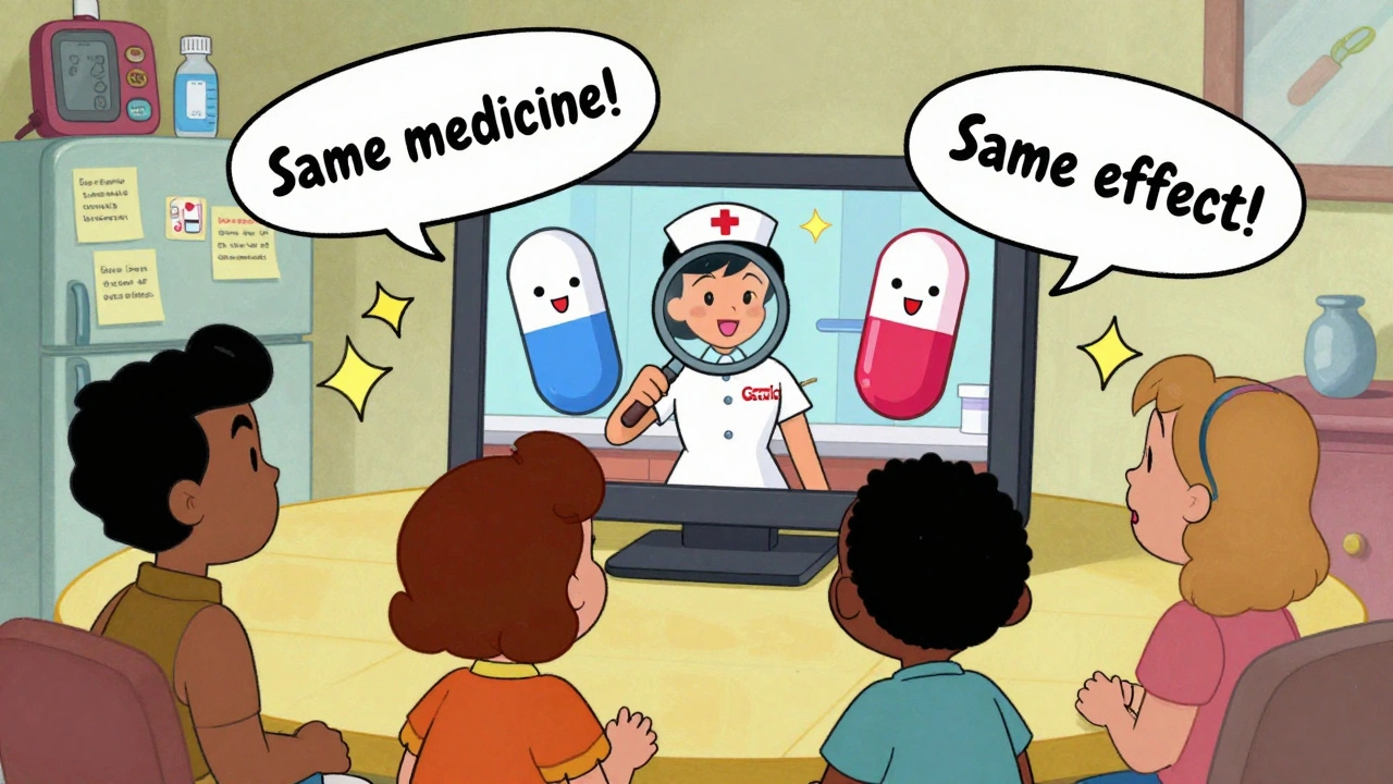 Nurse in kitchen showing identical pills on a phone screen, with happy speech bubbles and sparkles.