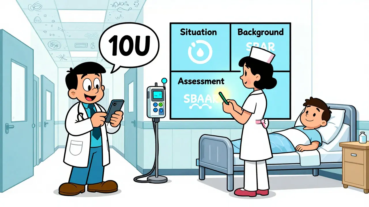 Nurse using SBAR method to communicate dose change, transitioning from chaotic to clear.