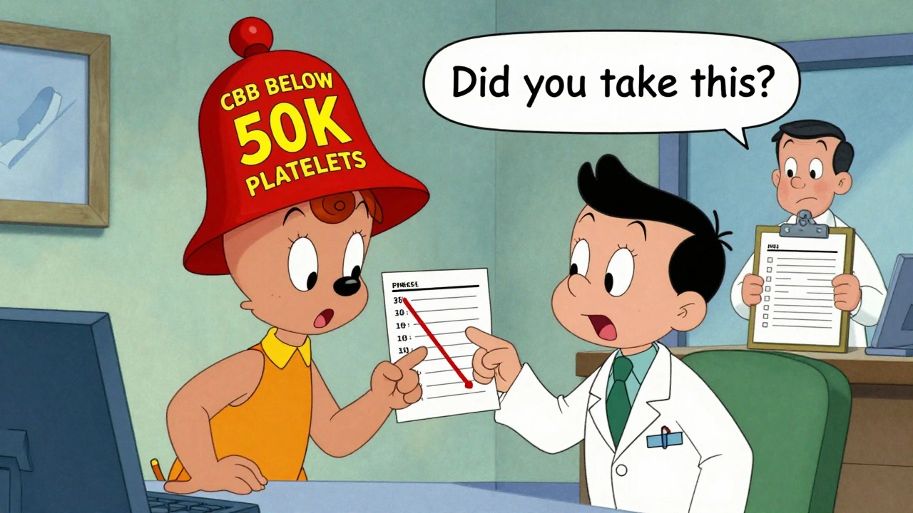 Patient and doctor in office with alarming blood test numbers and a ringing warning bell.